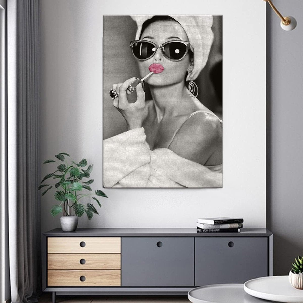 Pink Lips Canvas Wall Art Black White Framed 60x40cm - Kwikley