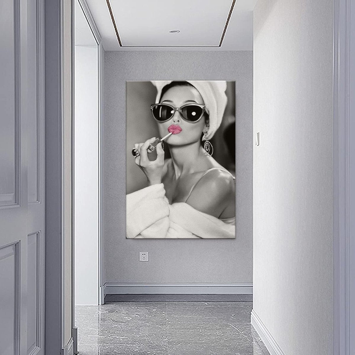 Pink Lips Canvas Wall Art Black White Framed 60x40cm - Kwikley
