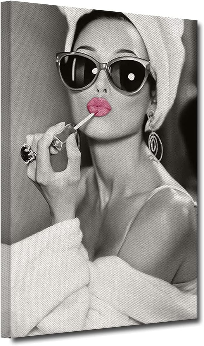 Pink Lips Canvas Wall Art Black White Framed 60x40cm - Kwikley