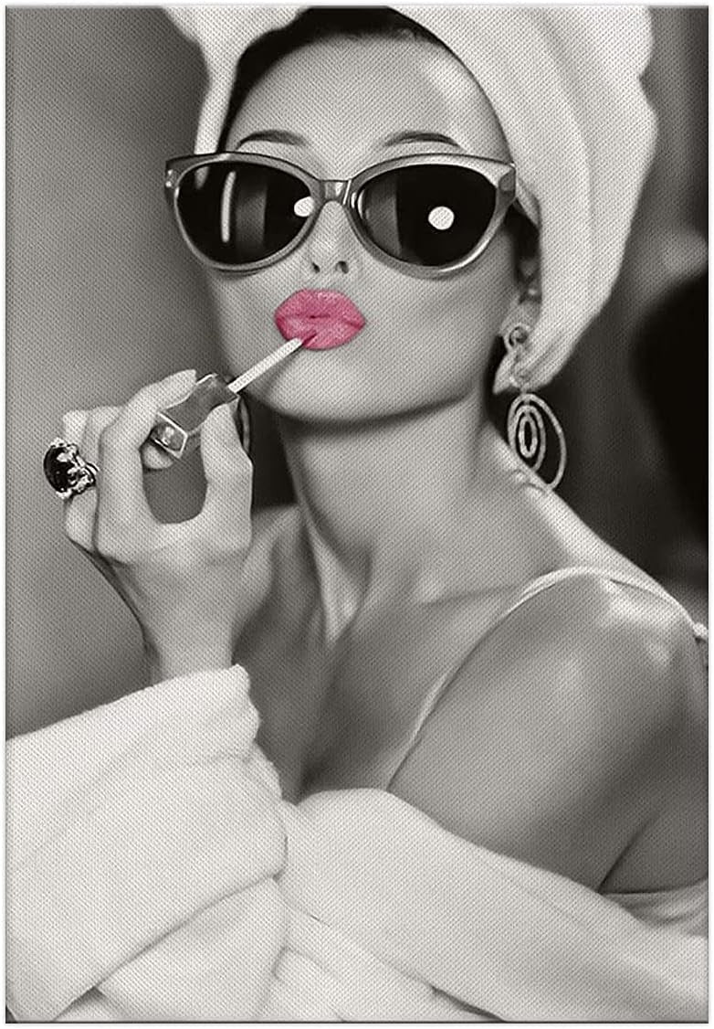Pink Lips Canvas Wall Art Black White Framed 60x40cm - Kwikley