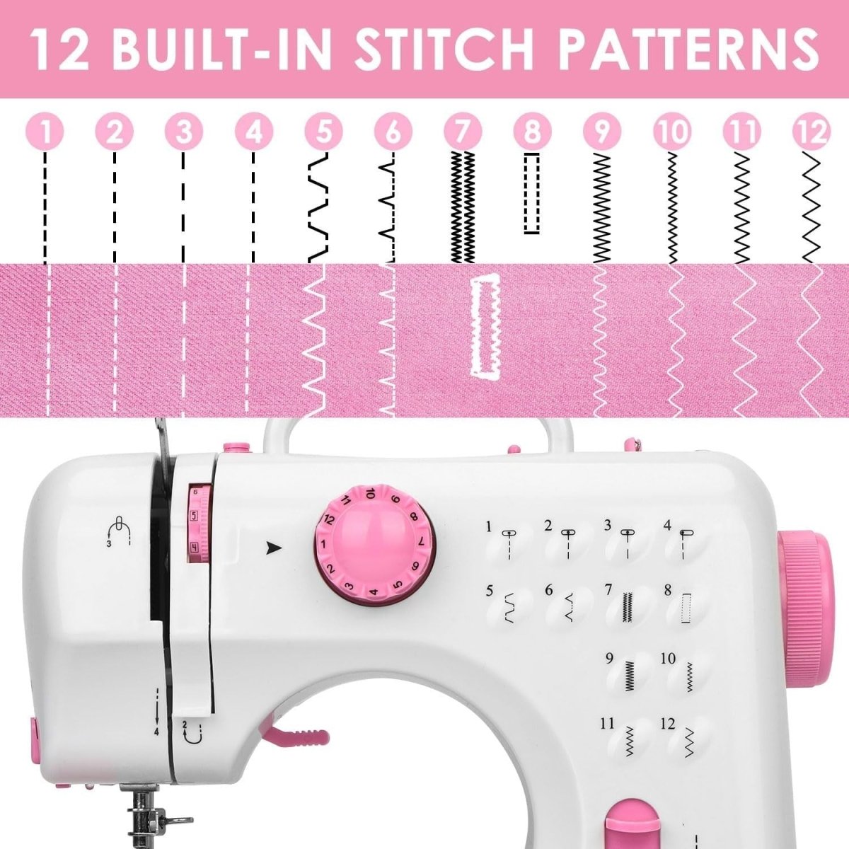 Pink Mini Sewing Machine 12 Stitch Foot Pedal UK Plug Beginner - Kwikley