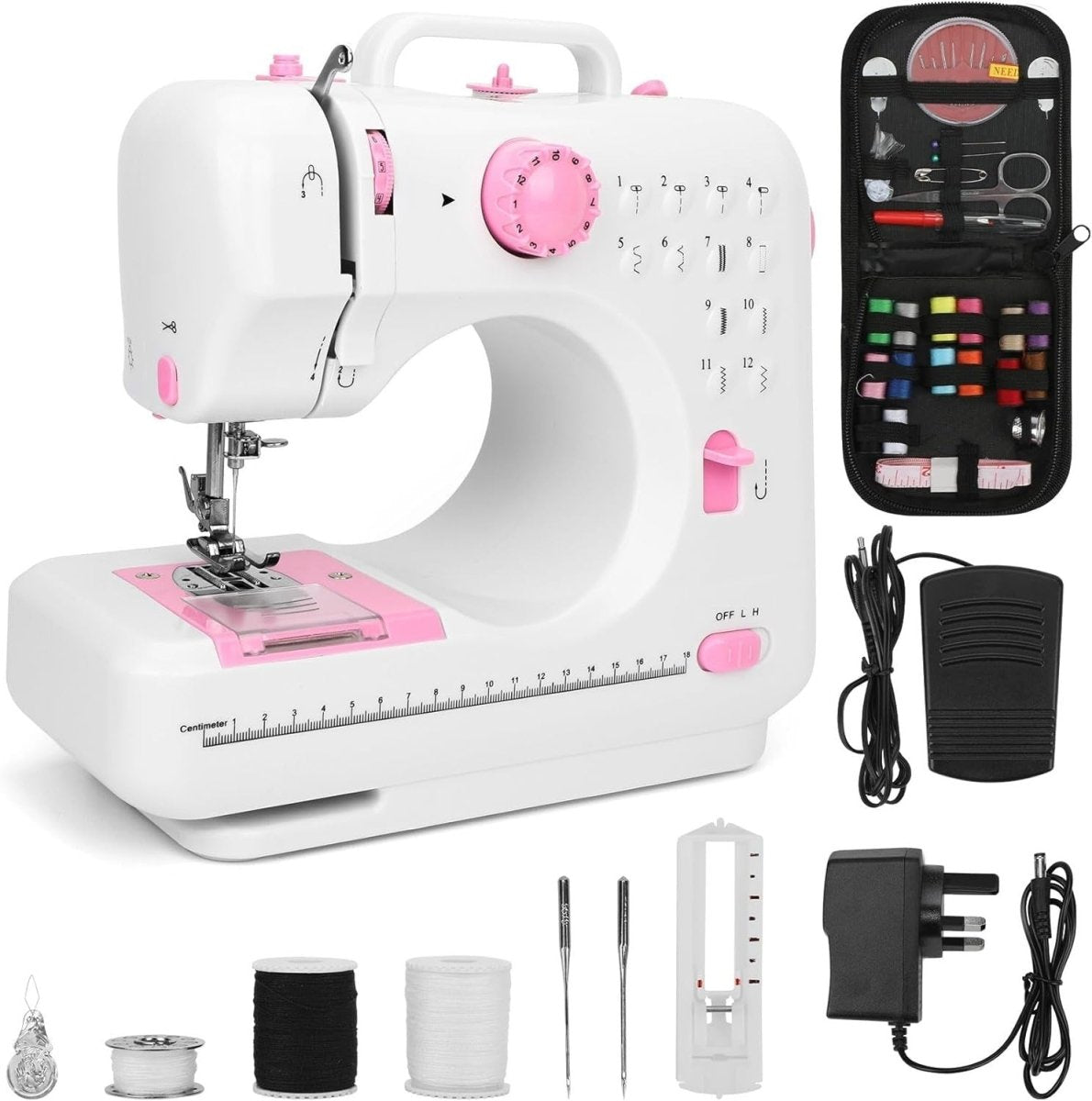 Pink Mini Sewing Machine 12 Stitch Foot Pedal UK Plug Beginner - Kwikley