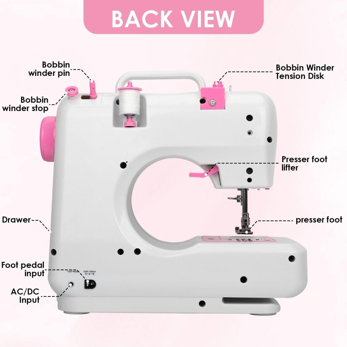 Pink Mini Sewing Machine 12 Stitch Foot Pedal UK Plug Beginner - Kwikley