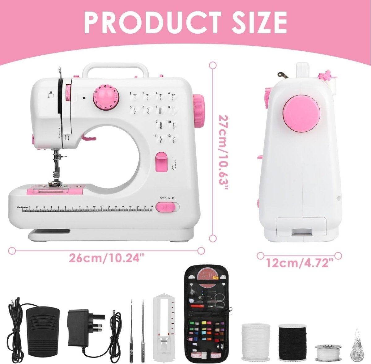 Pink Mini Sewing Machine 12 Stitch Foot Pedal UK Plug Beginner - Kwikley
