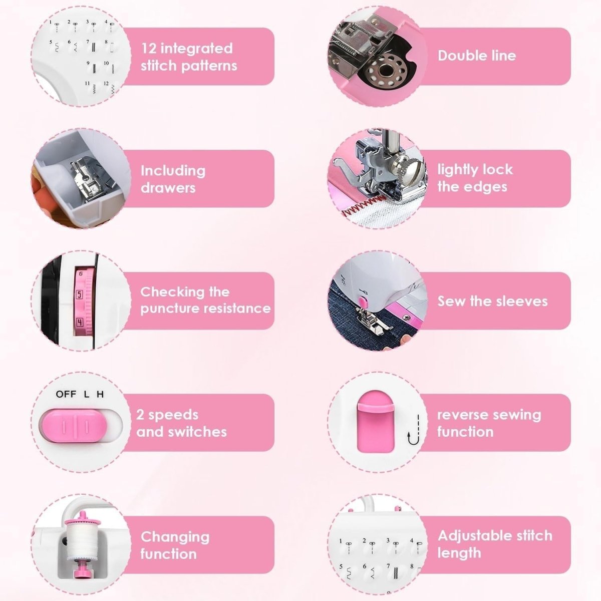 Pink Mini Sewing Machine 12 Stitch Foot Pedal UK Plug Beginner - Kwikley