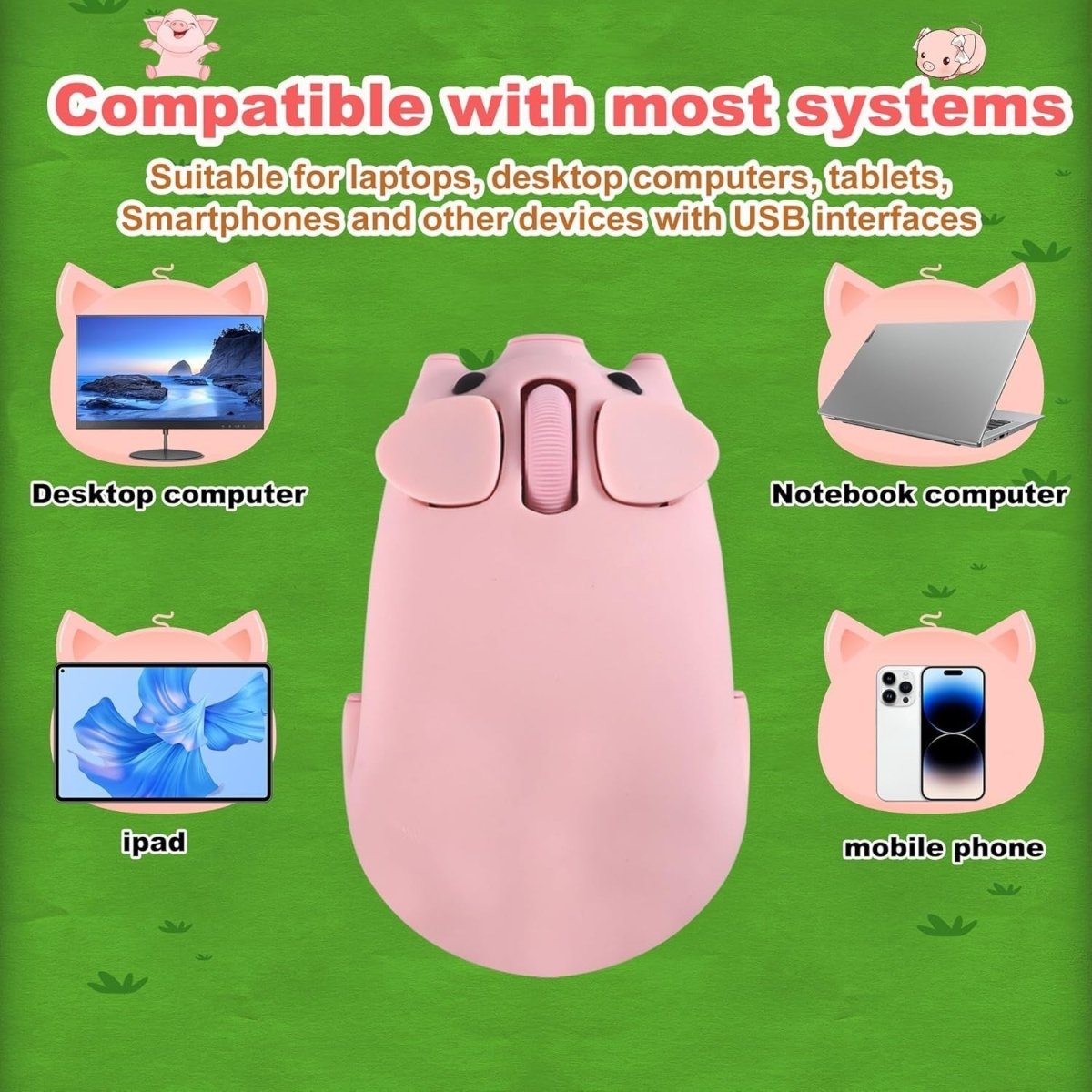 Pink Pig Wireless Mouse Bluetooth 5.1 2.4G Silent 1200DPI - Kwikley