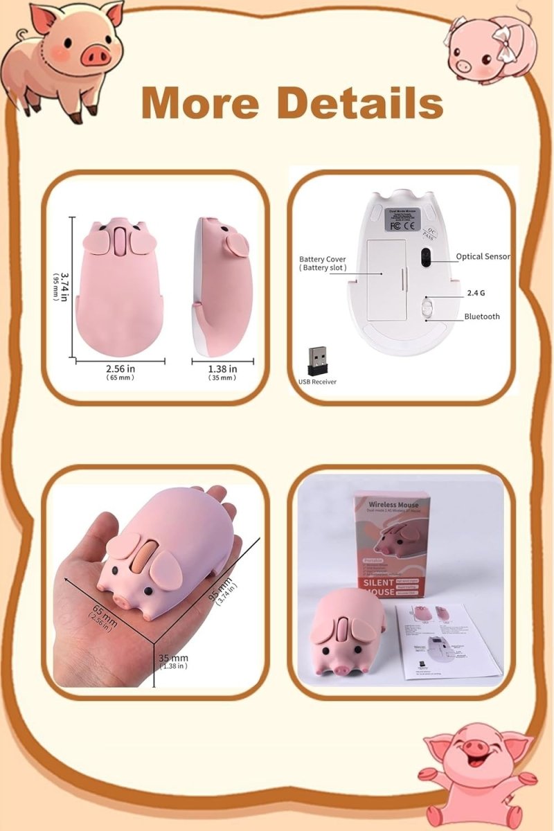 Pink Pig Wireless Mouse Bluetooth 5.1 2.4G Silent 1200DPI - Kwikley