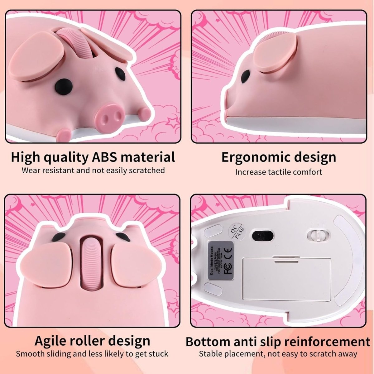 Pink Pig Wireless Mouse Bluetooth 5.1 2.4G Silent 1200DPI - Kwikley