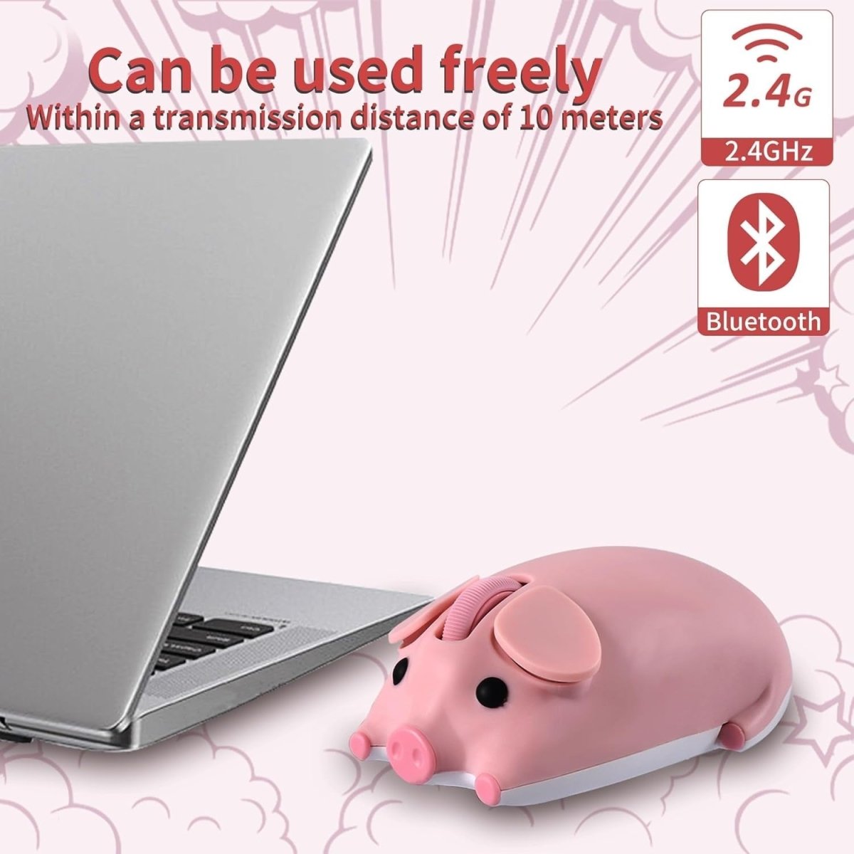 Pink Pig Wireless Mouse Bluetooth 5.1 2.4G Silent 1200DPI - Kwikley