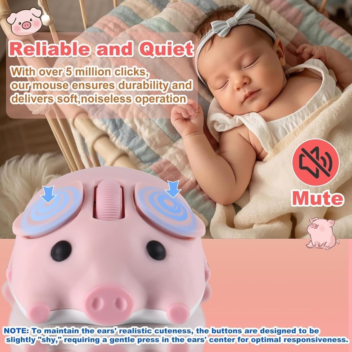 Pink Pig Wireless Mouse Bluetooth 5.1 2.4G Silent 1200DPI - Kwikley