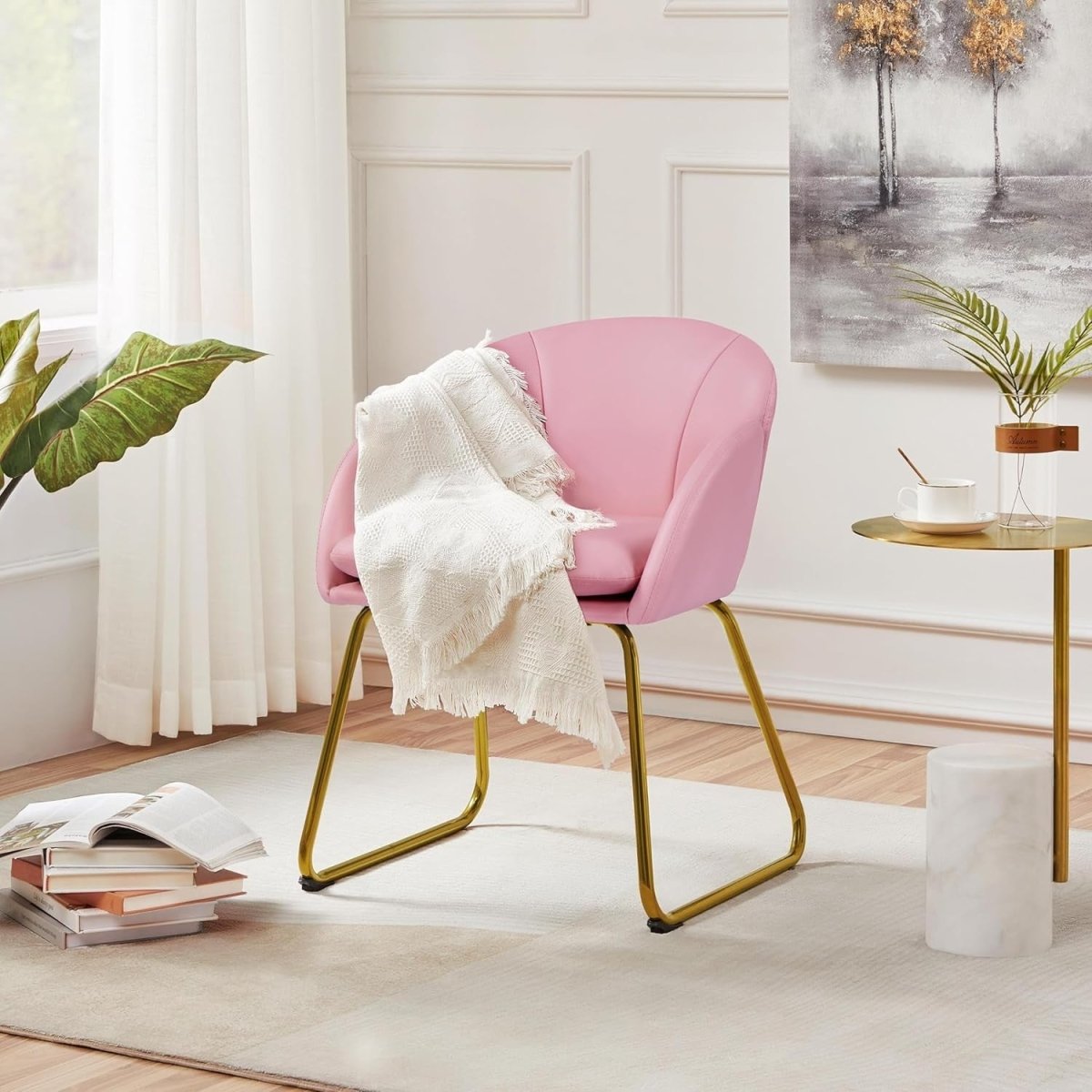 Pink PU Leather Vanity Accent Chair Gold Metal Legs Modern Tub Seat - Kwikley