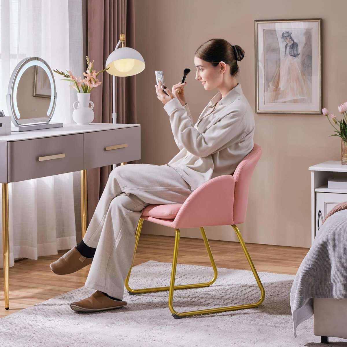 Pink PU Leather Vanity Accent Chair Gold Metal Legs Modern Tub Seat - Kwikley
