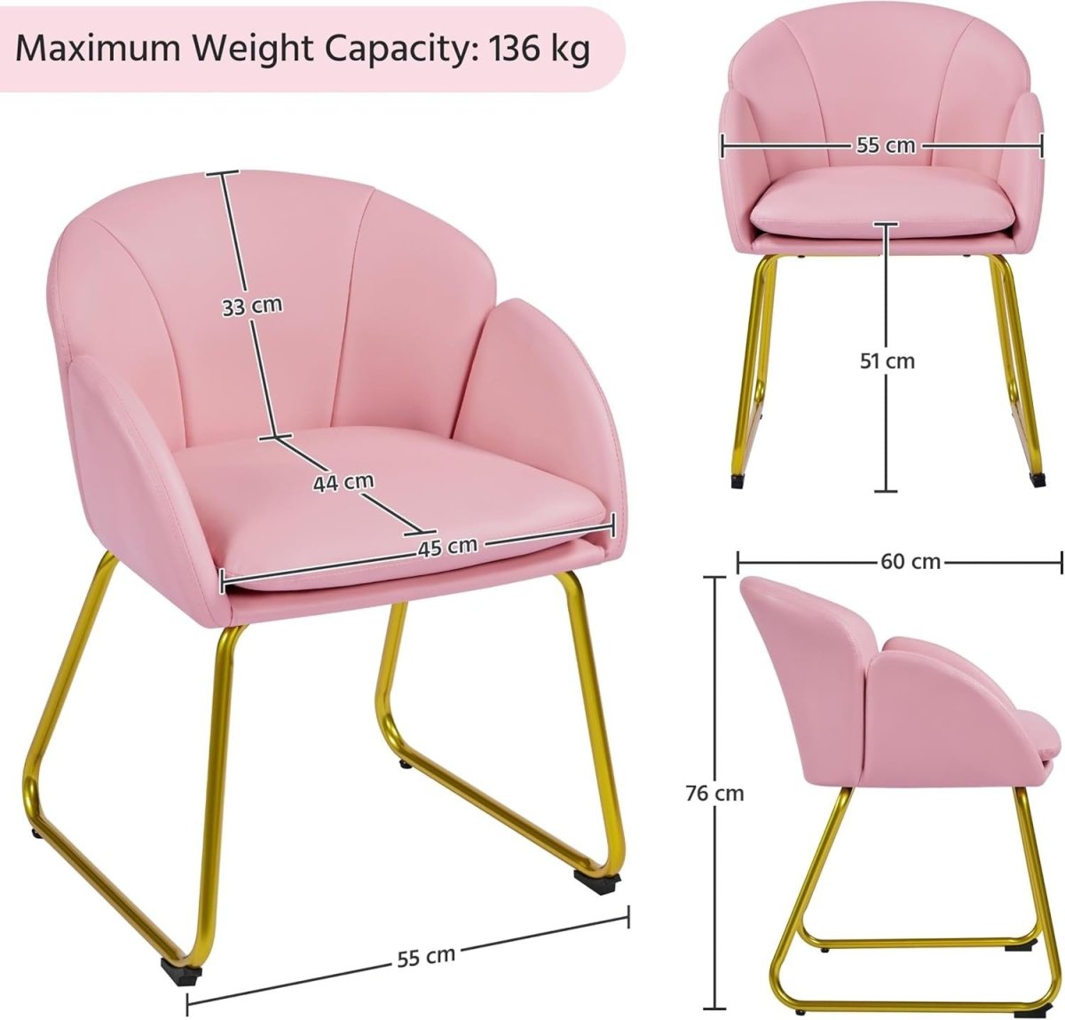 Pink PU Leather Vanity Accent Chair Gold Metal Legs Modern Tub Seat - Kwikley