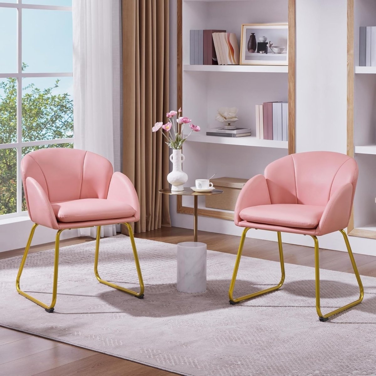 Pink PU Leather Vanity Accent Chair Gold Metal Legs Modern Tub Seat - Kwikley