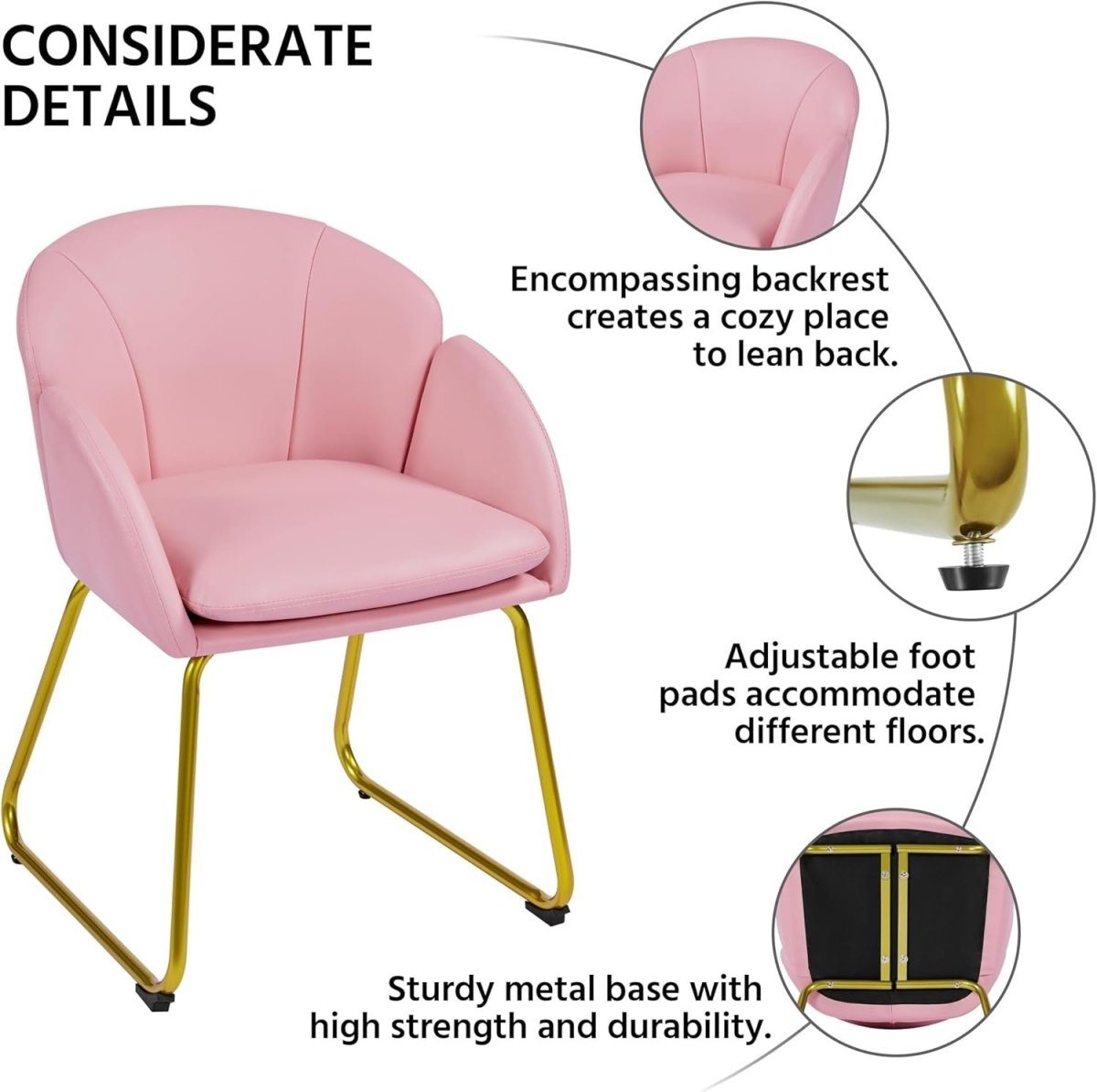 Pink PU Leather Vanity Accent Chair Gold Metal Legs Modern Tub Seat - Kwikley