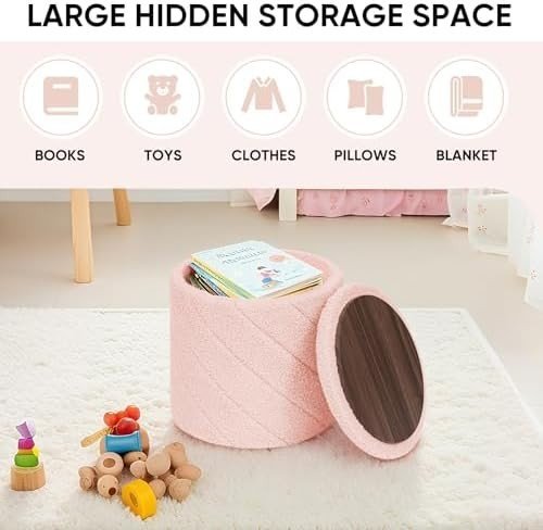 Pink Round Storage Ottoman Footstool 3 - in - 1 Seat with Lid 33x33x35cm - Kwikley