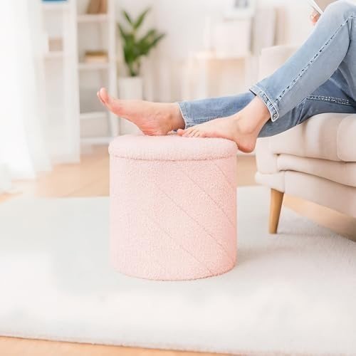 Pink Round Storage Ottoman Footstool 3 - in - 1 Seat with Lid 33x33x35cm - Kwikley