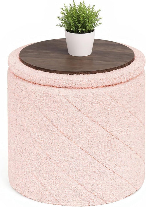 Pink Round Storage Ottoman Footstool 3 - in - 1 Seat with Lid 33x33x35cm - Kwikley