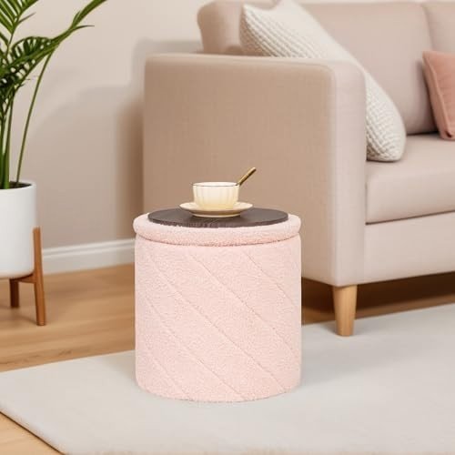 Pink Round Storage Ottoman Footstool 3 - in - 1 Seat with Lid 33x33x35cm - Kwikley