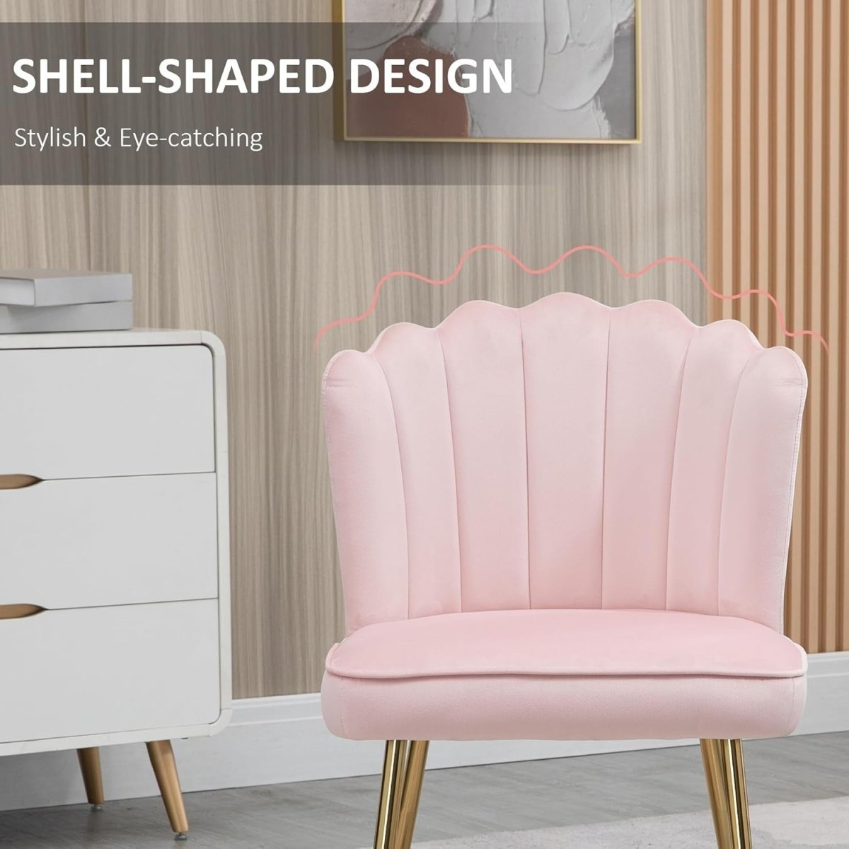 Pink Shell Velvet Accent Chair Gold Metal Legs Modern Vanity Bedroom Seat - Kwikley