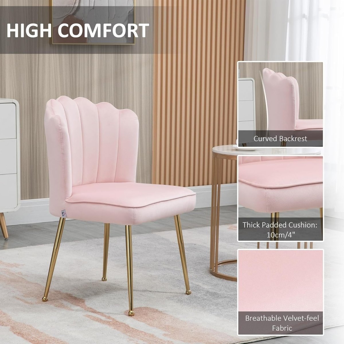 Pink Shell Velvet Accent Chair Gold Metal Legs Modern Vanity Bedroom Seat - Kwikley