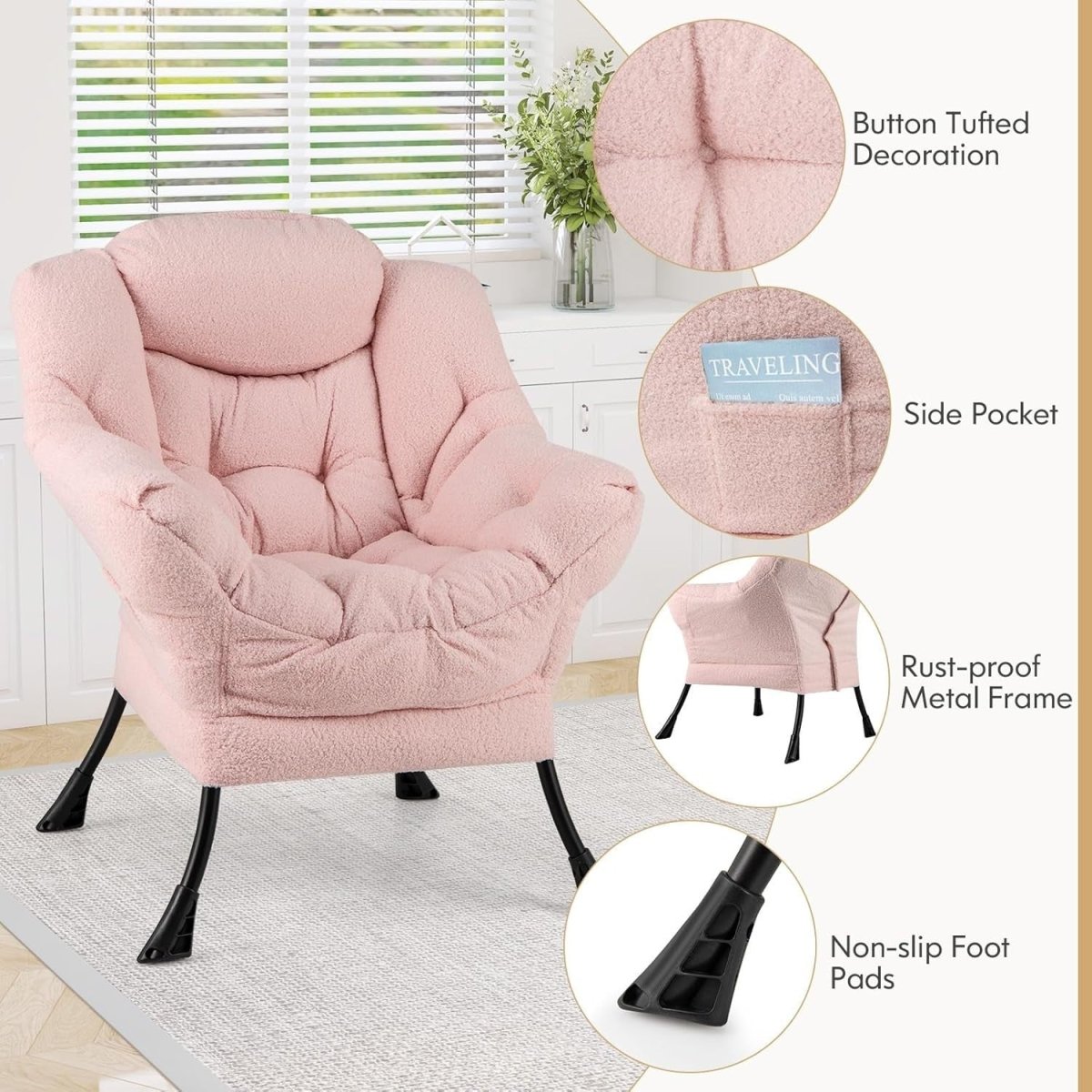 Pink Sherpa Accent Chair Comfy Reading Armchair Lounge Sofa Seat - Kwikley