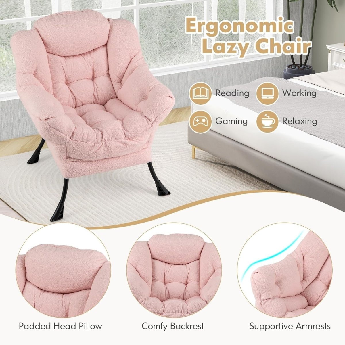 Pink Sherpa Accent Chair Comfy Reading Armchair Lounge Sofa Seat - Kwikley