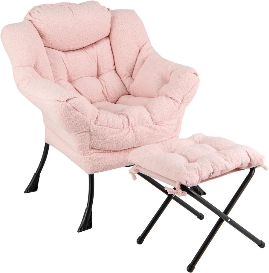 Pink Sherpa Accent Chair with Footstool Comfy Lounge Reading Armchair - Kwikley