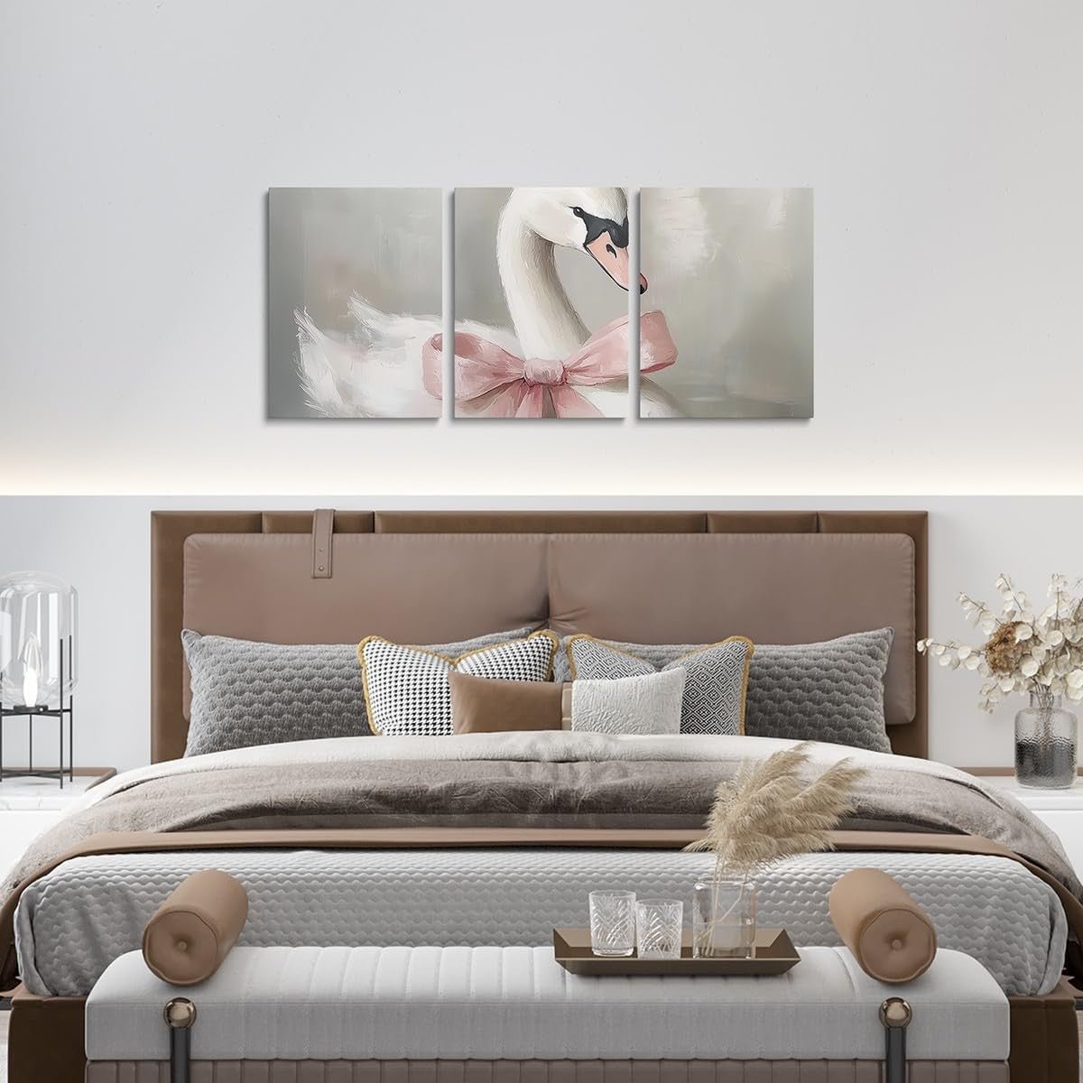 Pink Swan Canvas Wall Art Set of 3 Framed Preppy Decor - Kwikley
