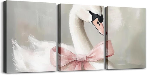 Pink Swan Canvas Wall Art Set of 3 Framed Preppy Decor - Kwikley