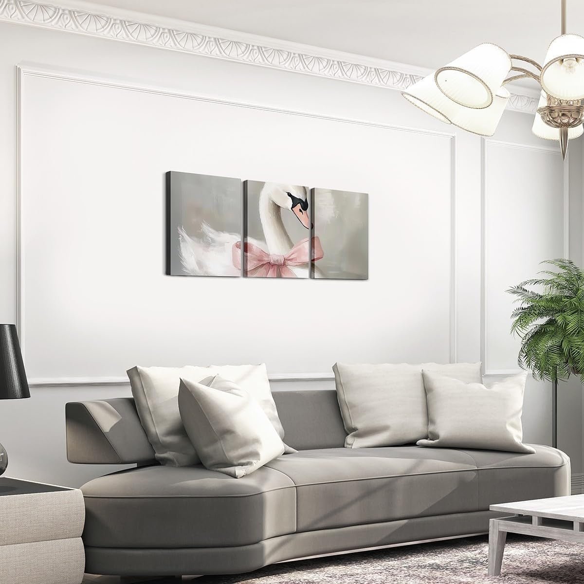 Pink Swan Canvas Wall Art Set of 3 Framed Preppy Decor - Kwikley