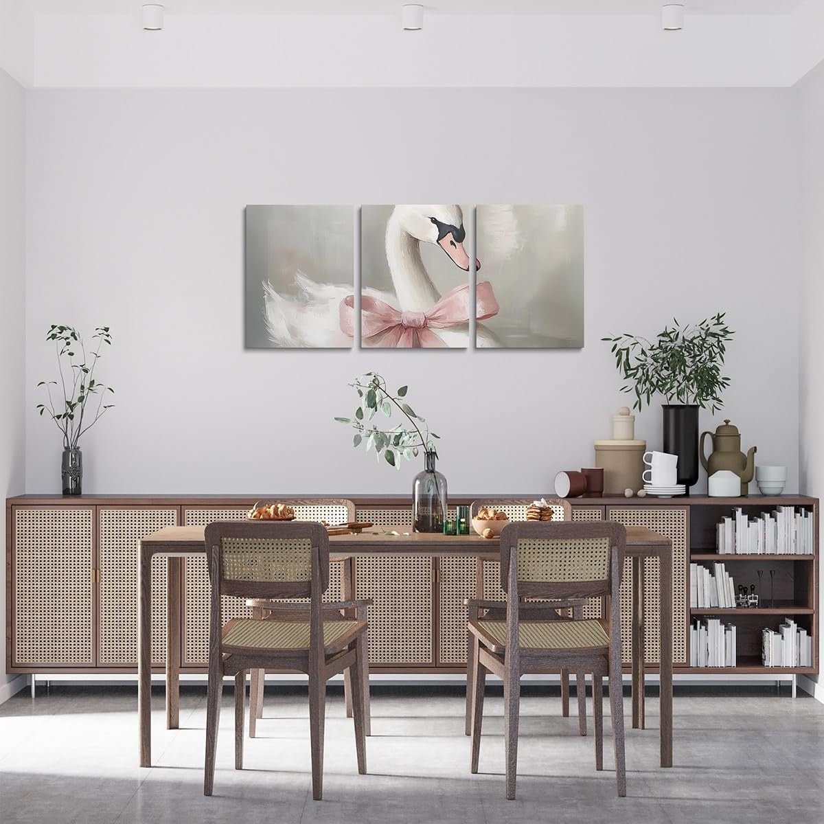 Pink Swan Canvas Wall Art Set of 3 Framed Preppy Decor - Kwikley