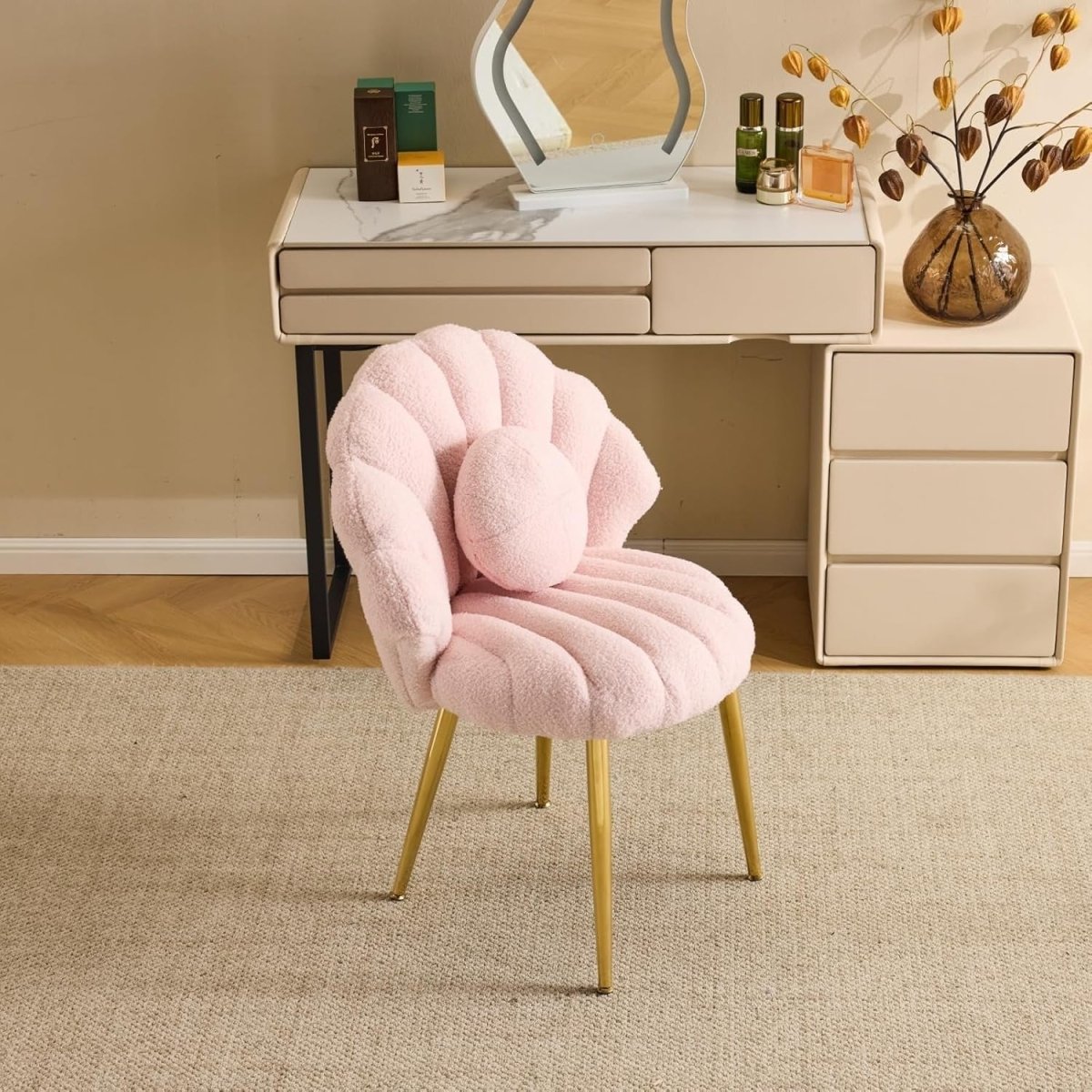 Pink Teddy Accent Chair Gold Legs Vanity Dressing Table Armchair - Kwikley
