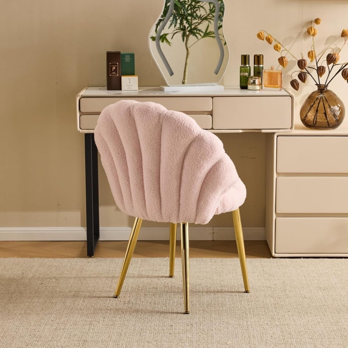 Pink Teddy Accent Chair Gold Legs Vanity Dressing Table Armchair - Kwikley