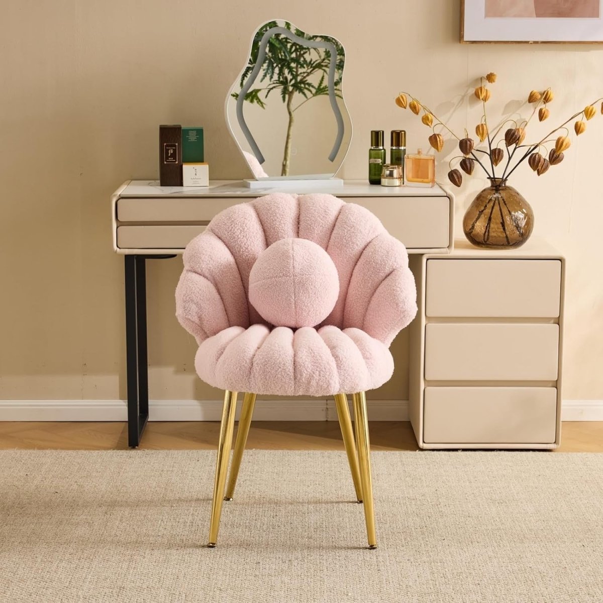 Pink Teddy Accent Chair Gold Legs Vanity Dressing Table Armchair - Kwikley