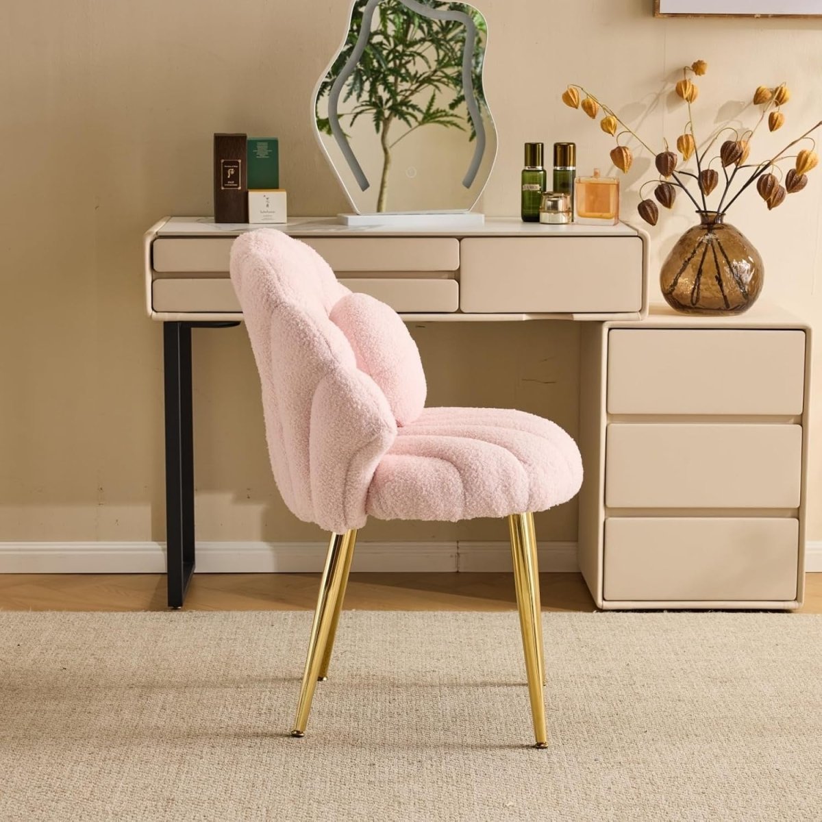 Pink Teddy Accent Chair Gold Legs Vanity Dressing Table Armchair - Kwikley