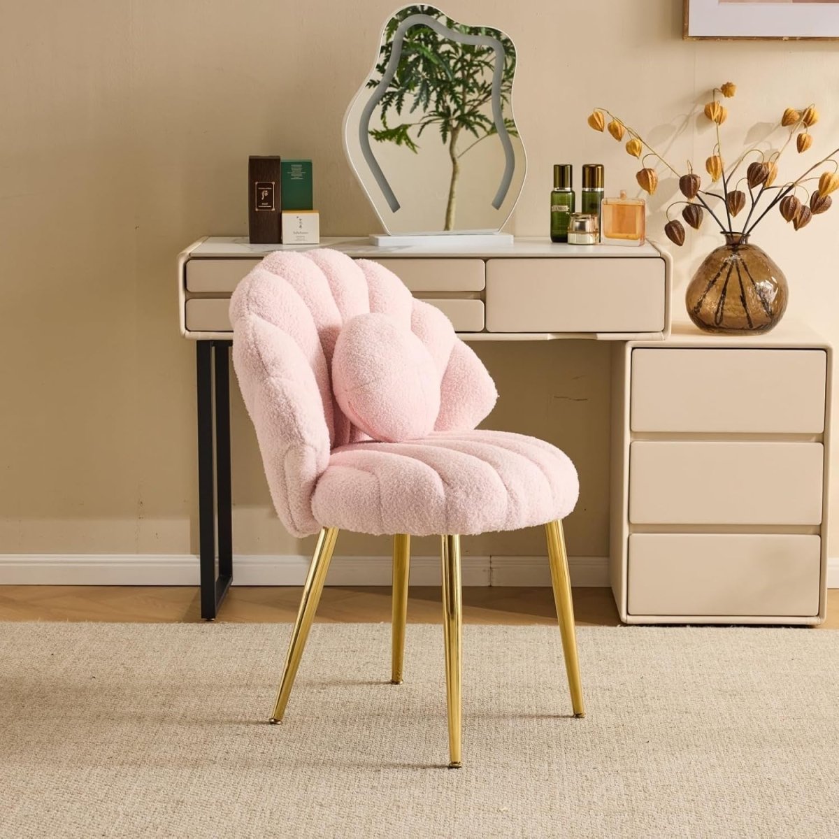 Pink Teddy Accent Chair Gold Legs Vanity Dressing Table Armchair - Kwikley