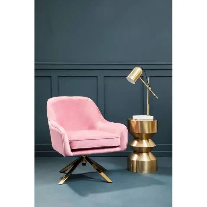 Pink Velvet Accent Chair with Gold Cross Base Swivel Armchair Seat - Kwikley