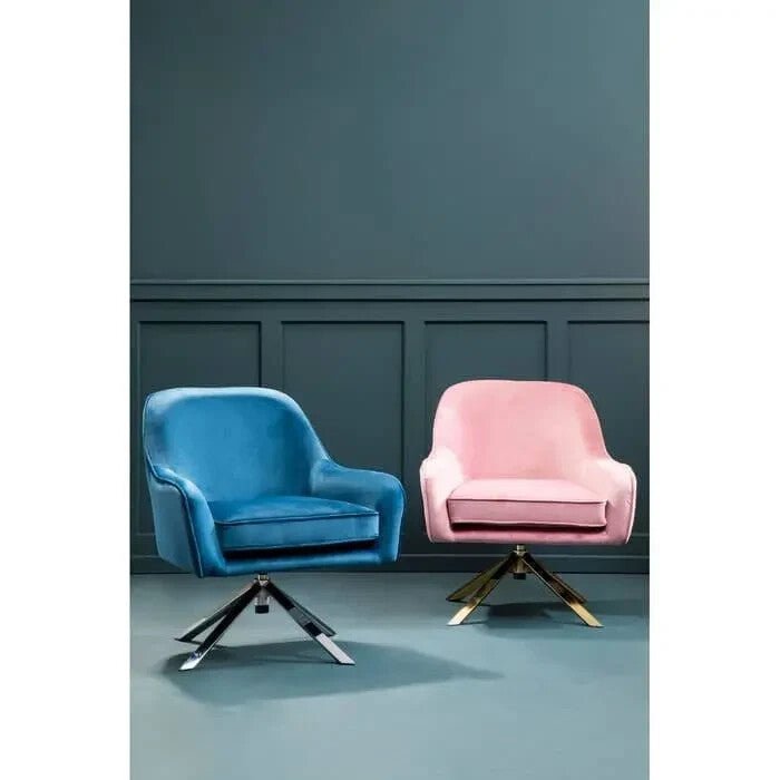 Pink Velvet Accent Chair with Gold Cross Base Swivel Armchair Seat - Kwikley