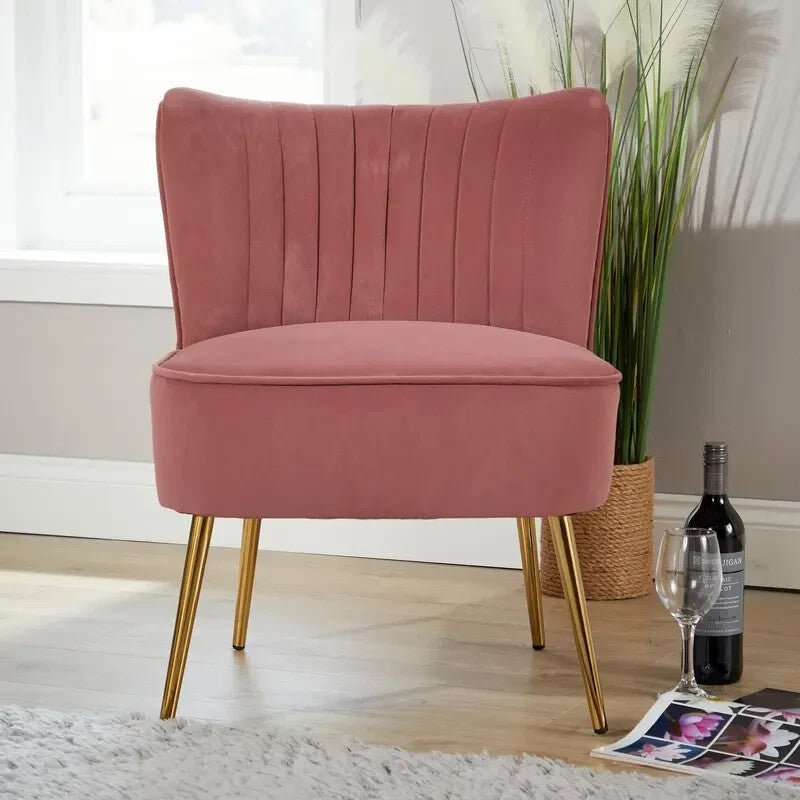 Pink Velvet Armless Accent Chair with Gold Legs Modern Bedroom Lounge Seat - Kwikley