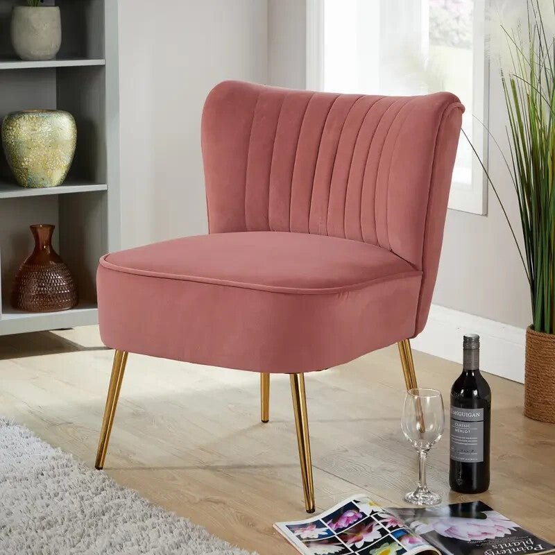 Pink Velvet Armless Accent Chair with Gold Legs Modern Bedroom Lounge Seat - Kwikley