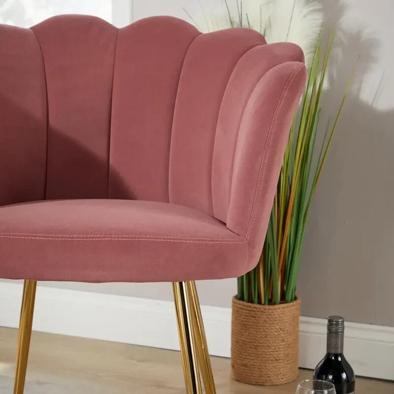 Pink Velvet Scallop Accent Chair Gold Legs Modern Round Back Armchair - Kwikley
