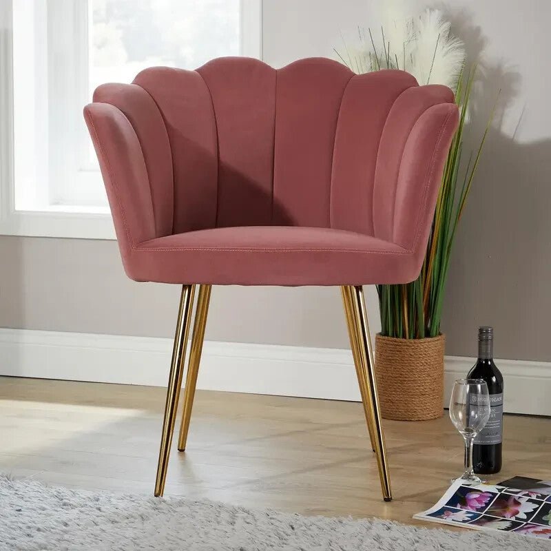 Pink Velvet Scallop Accent Chair Gold Legs Modern Round Back Armchair - Kwikley