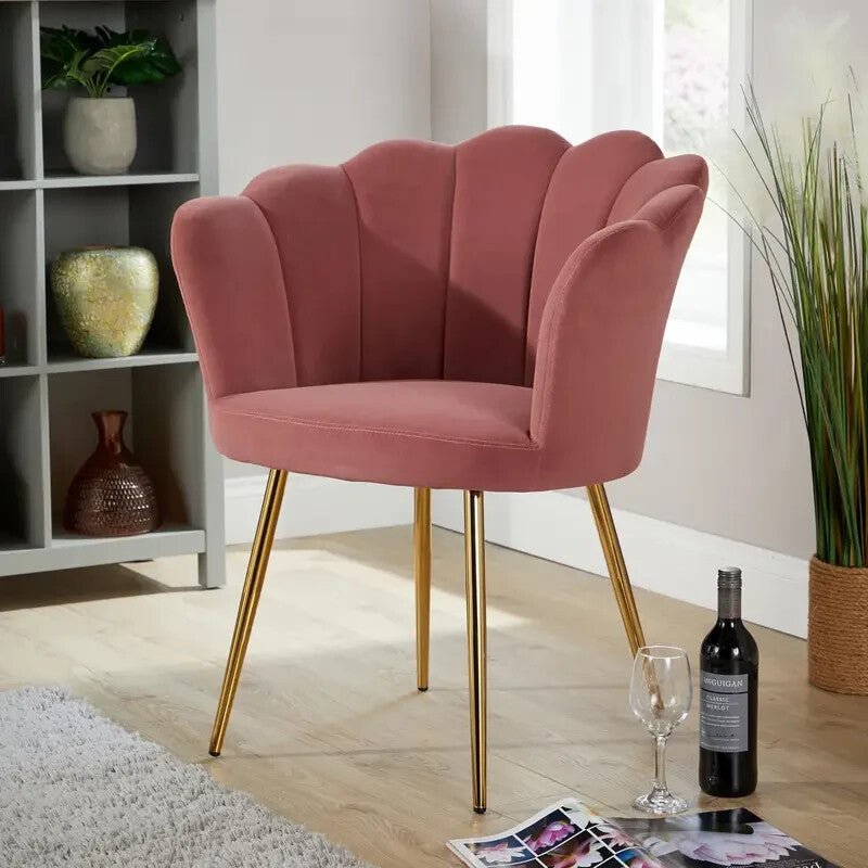 Pink Velvet Scallop Accent Chair Gold Legs Modern Round Back Armchair - Kwikley