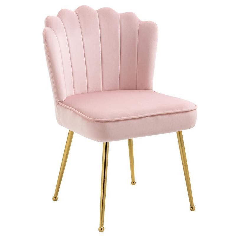 Pink Velvet Shell Accent Chair Glam Makeup Vanity Seat Gold Metal Legs - Kwikley