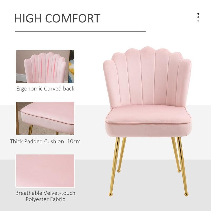 Pink Velvet Shell Accent Chair Glam Makeup Vanity Seat Gold Metal Legs - Kwikley