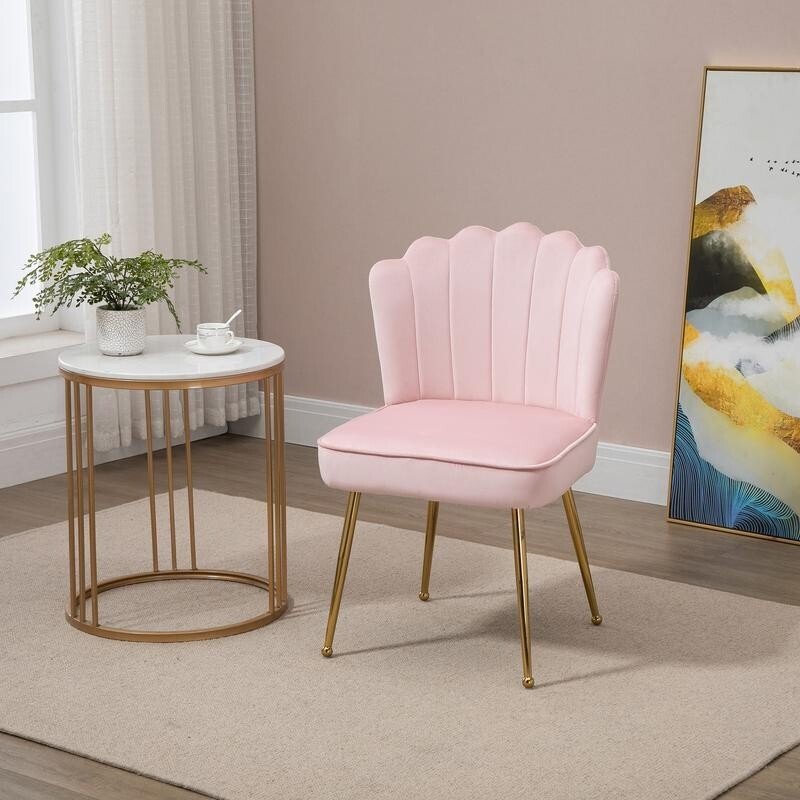 Pink Velvet Shell Accent Chair Glam Makeup Vanity Seat Gold Metal Legs - Kwikley