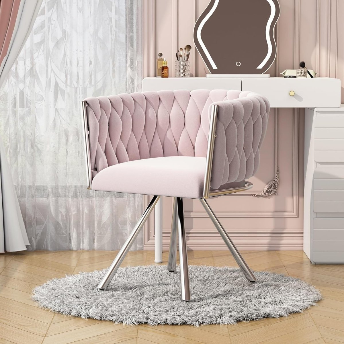 Pink Velvet Swivel Dining Chair 360° Accent Armchair Metal Legs - Kwikley