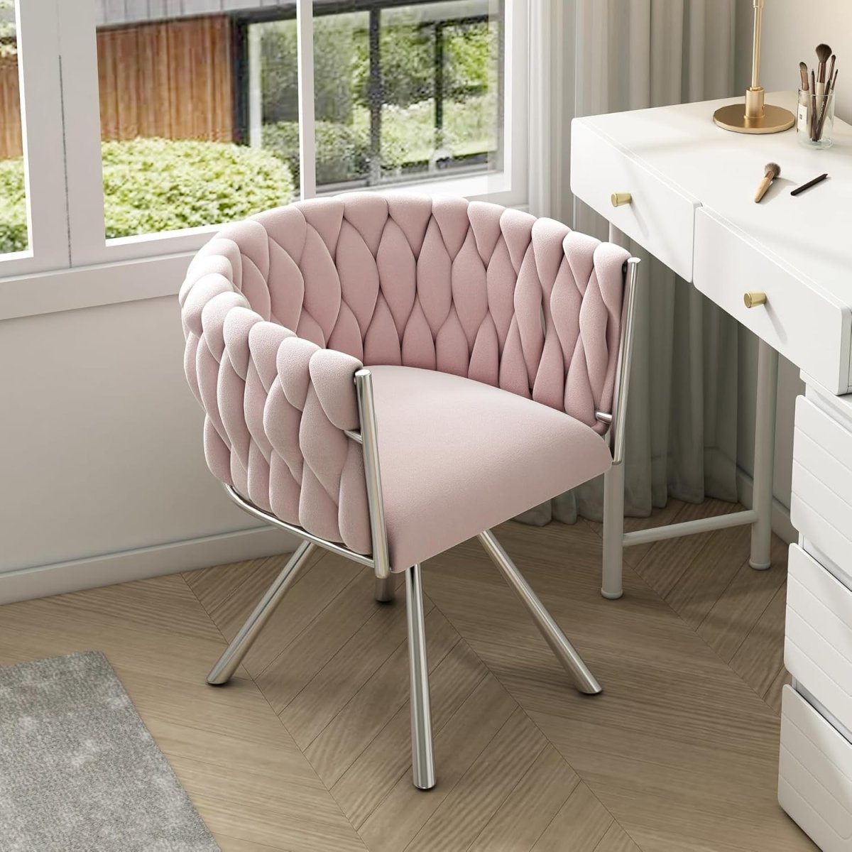 Pink Velvet Swivel Dining Chair 360° Accent Armchair Metal Legs - Kwikley