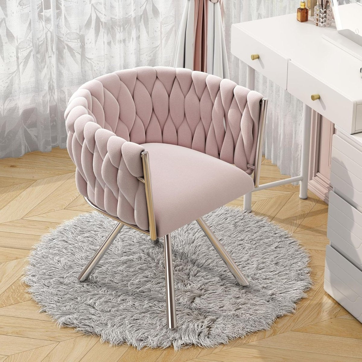 Pink Velvet Swivel Dining Chair 360° Accent Armchair Metal Legs - Kwikley